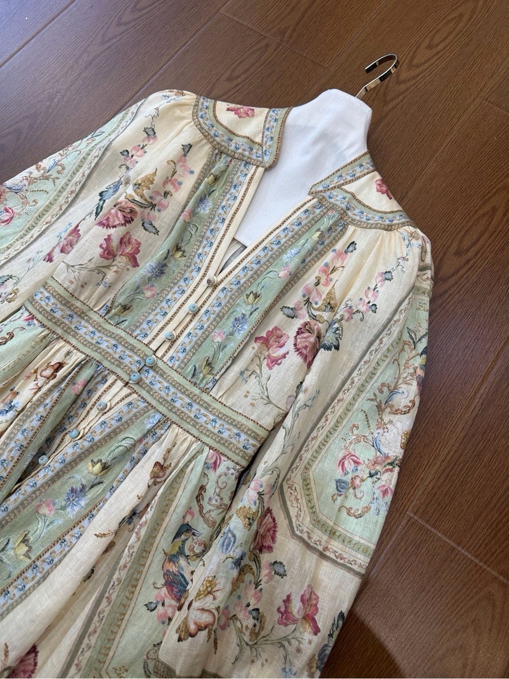 Zimmermann Cream Mini Dress with Sage Panels and Pink Floral Motif - Picture 4 of 4